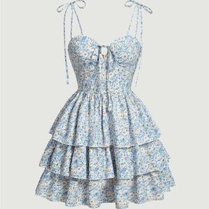 SHEIN Blue and White Floral Tiered Dress NWT